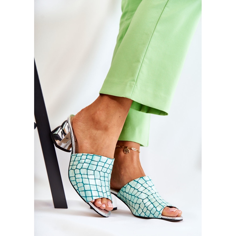 Ciabatte Da Donna In Pelle Coccodrillo Su Tacco Verde Chiaro Perry 1