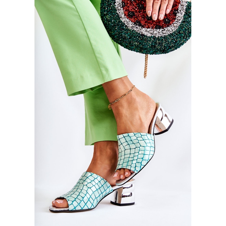 Ciabatte Da Donna In Pelle Coccodrillo Su Tacco Verde Chiaro Perry 2