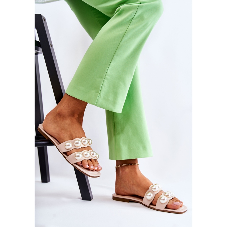 PG1 Ciabatte da donna in pelle con perle Lasello decorative beige 2
