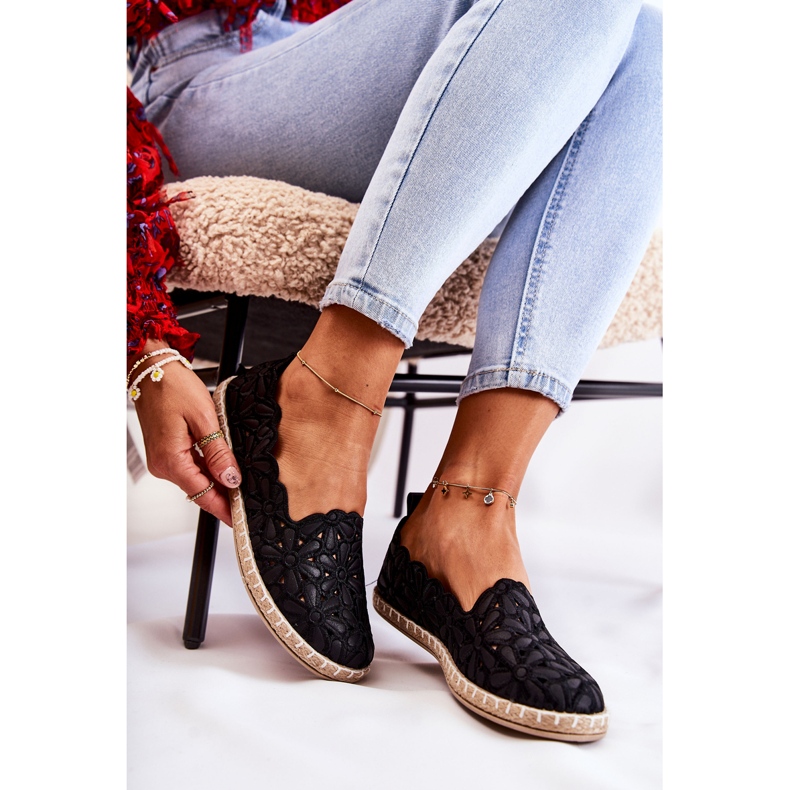 PE1 Ballerine senza lacci da donna con fiori Vennice neri nero 1