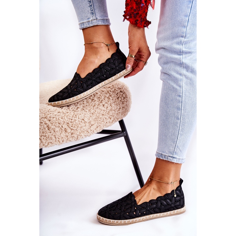 PE1 Ballerine senza lacci da donna con fiori Vennice neri nero 2