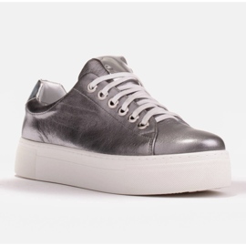 Marco Shoes Sneakers da donna in vera pelle su suola spessa marrone argento 1
