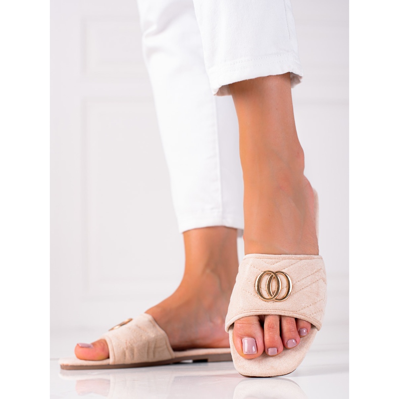 SHELOVET Pantofole da donna in pelle scamosciata beige 1