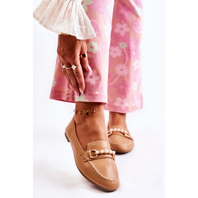 PG1 Mocassini da donna marroni con perle decorative di Sergia marrone 1