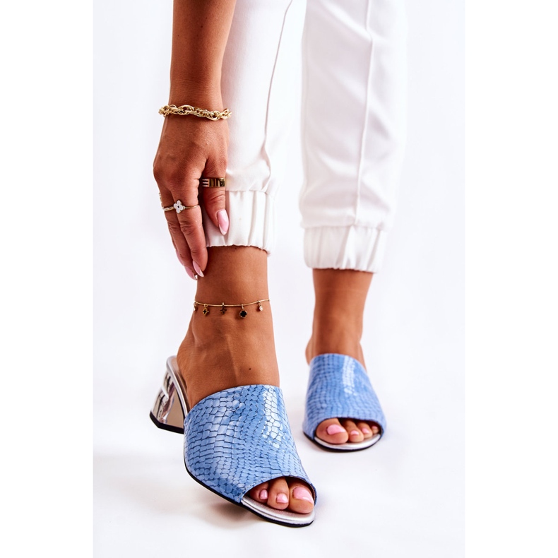 Pantofole Da Donna In Pelle Fantasia Coccodrillo Sul Tacco Blu Perry 1