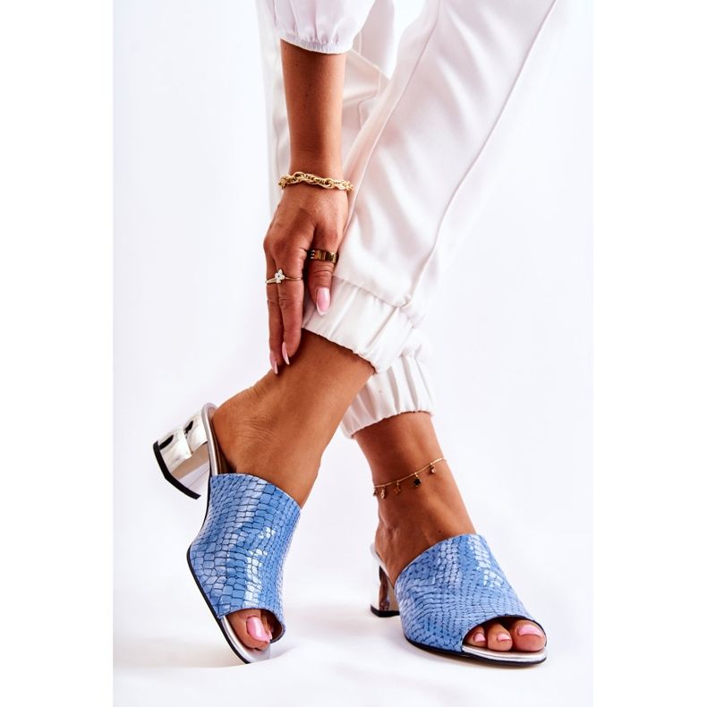 Pantofole Da Donna In Pelle Fantasia Coccodrillo Sul Tacco Blu Perry 2