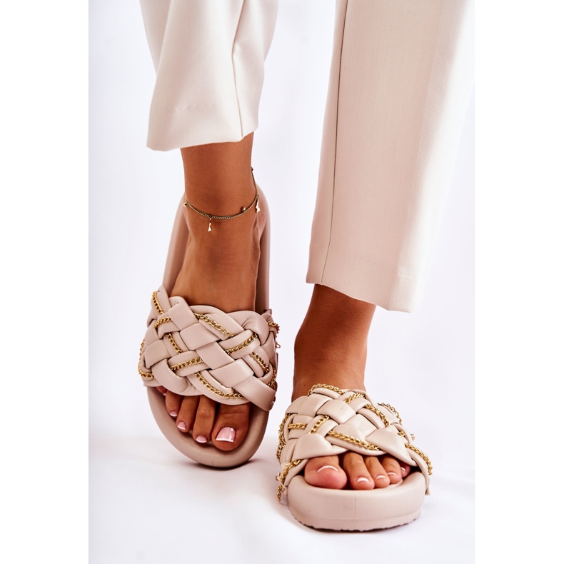 PS1 Ciabatte Da Donna In Pelle Con Catena Soline Beige 1