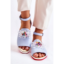 PA2 Sandali Da Donna In Pelle Con Decorazione Nevassa Blu 2