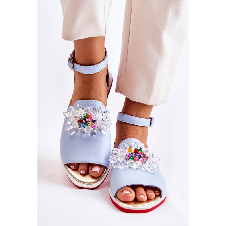 PA2 Sandali Da Donna In Pelle Con Decorazione Nevassa Blu 2