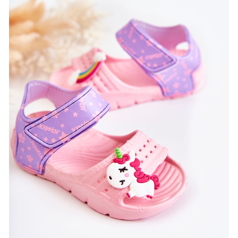 WJ1 Sandali leggeri per bambini con decorazioni di fidanzati rosa e viola 2