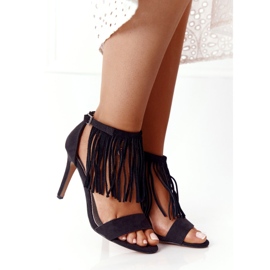 S.Barski Sandali in pelle scamosciata su un tacco alto con frange nere Boho Swing nero 2