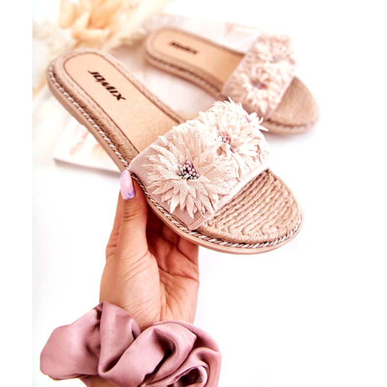Infradito Beige Da Donna Con Fiori In Tessuto 1