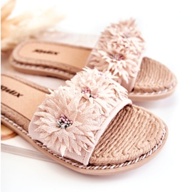 Infradito Beige Da Donna Con Fiori In Tessuto 2