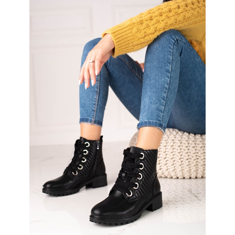 Stivali neri da donna stringati Shelovet con trapuntatura nero 2