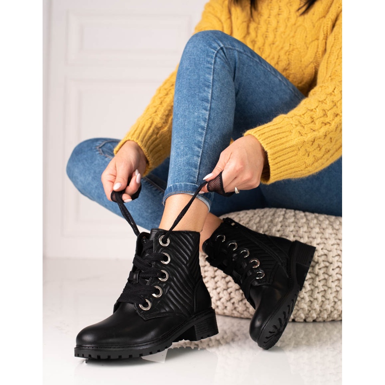 Stivali neri da donna stringati Shelovet con trapuntatura nero 1