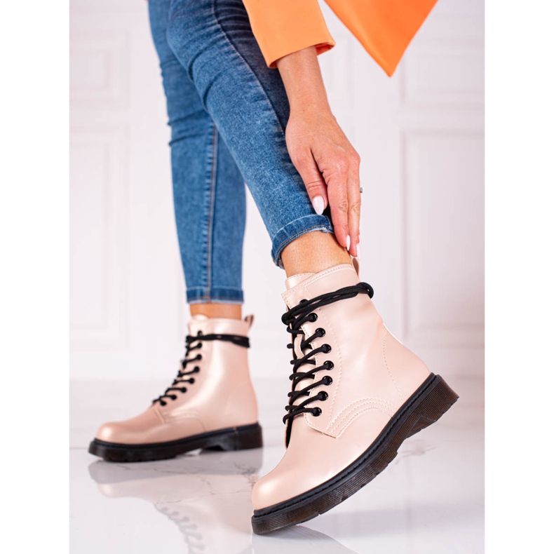 Stivali Shelovet da donna con lacci beige con una lucentezza metallica 2
