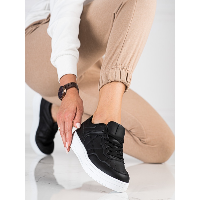 Classiche sneakers sportive da donna Shelovet realizzate in pelle ecologica, nere nero 2