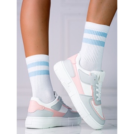 Sneakers stringate da donna sulla piattaforma Shelovet realizzate in pelle ecologica nei colori bianco e grigio rosa multicolore 1