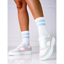 Sneakers stringate da donna sulla piattaforma Shelovet realizzate in pelle ecologica nei colori bianco e grigio rosa multicolore 2
