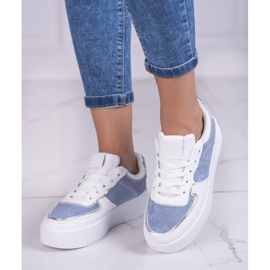 Sneakers da donna bianche e blu stringate su piattaforma alta Shelovet bianca 2
