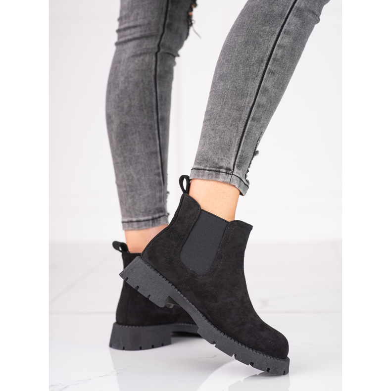 Stivaletti Chelsea da donna in camoscio con tacco piatto Shelovet nero 1