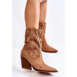 FB1 Stivali da cowboy in pelle scamosciata alla moda con fiori di corallo cammello marrone 1