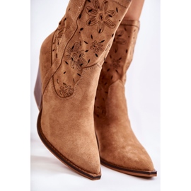 FB1 Stivali da cowboy in pelle scamosciata alla moda con fiori di corallo cammello marrone 2