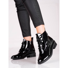 Eleganti stivali Shelovet stringati da donna realizzati in pelle ecologica verniciata nero 1