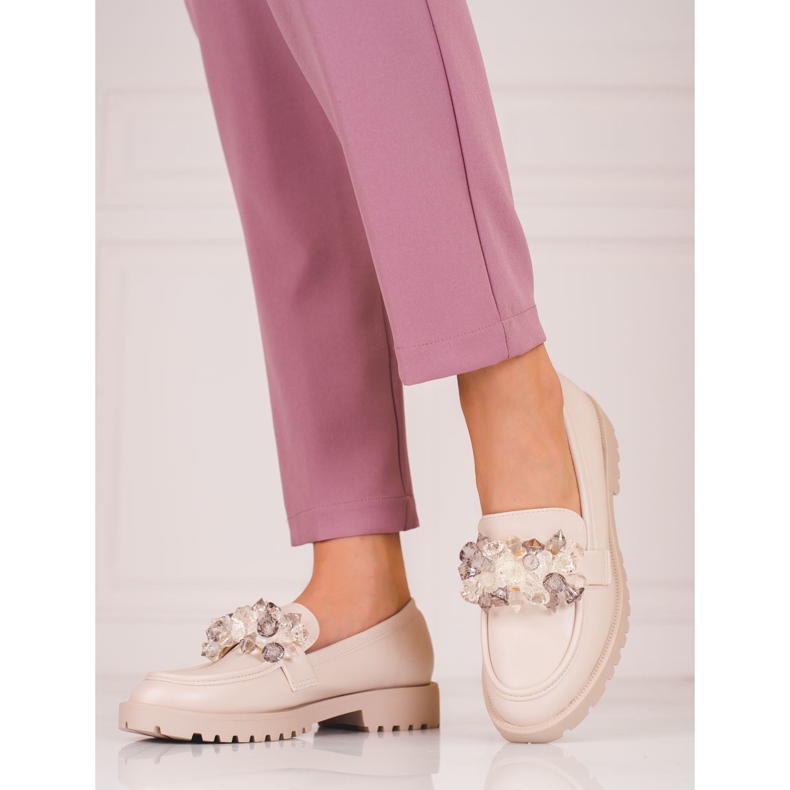 Mocassini Shelovet da donna in suede con cristalli beige 1