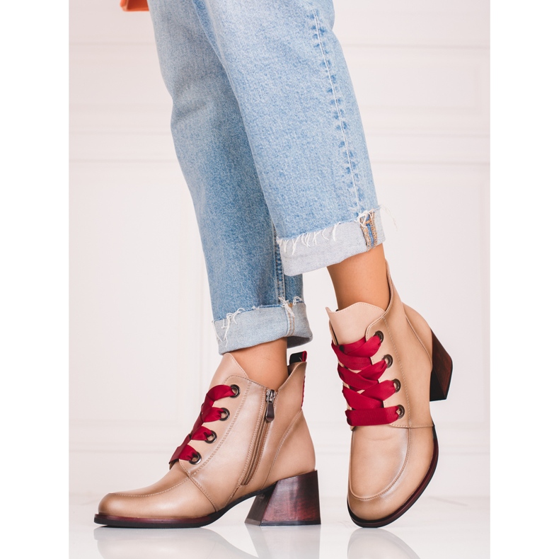 Stivaletti da donna beige con allacciatura Vinceza rossa 1