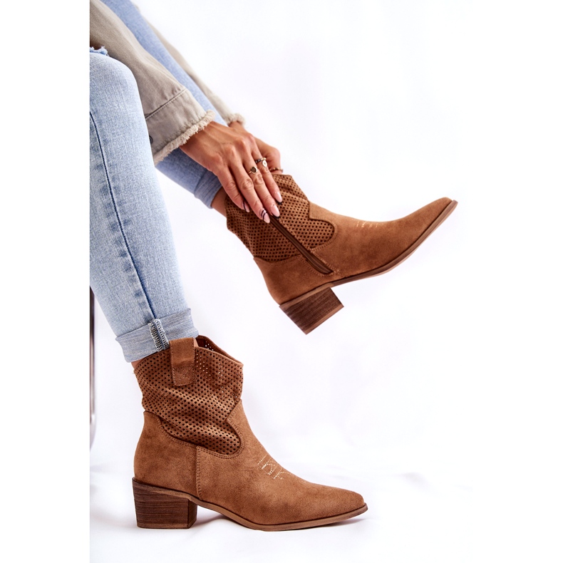 FB1 Stivali da cowboy traforati in pelle scamosciata con cuciture Camel Elvire B-829 marrone 4