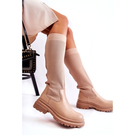 PS1 Stivali piatti da donna a costine Beige Allys QT50P 4