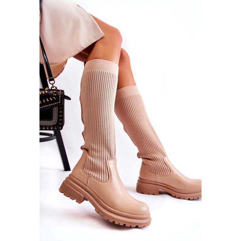 PS1 Stivali piatti da donna a costine Beige Allys QT50P 4