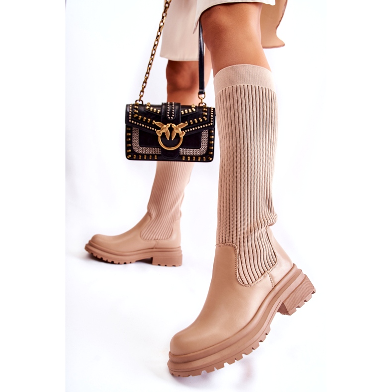 PS1 Stivali piatti da donna a costine Beige Allys QT50P 3