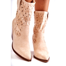FB1 Stivali da cowboy in pelle scamosciata alla moda con fiori beige Coralie B-818 3