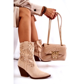 FB1 Stivali da cowboy in pelle scamosciata alla moda con fiori beige Coralie B-818 1
