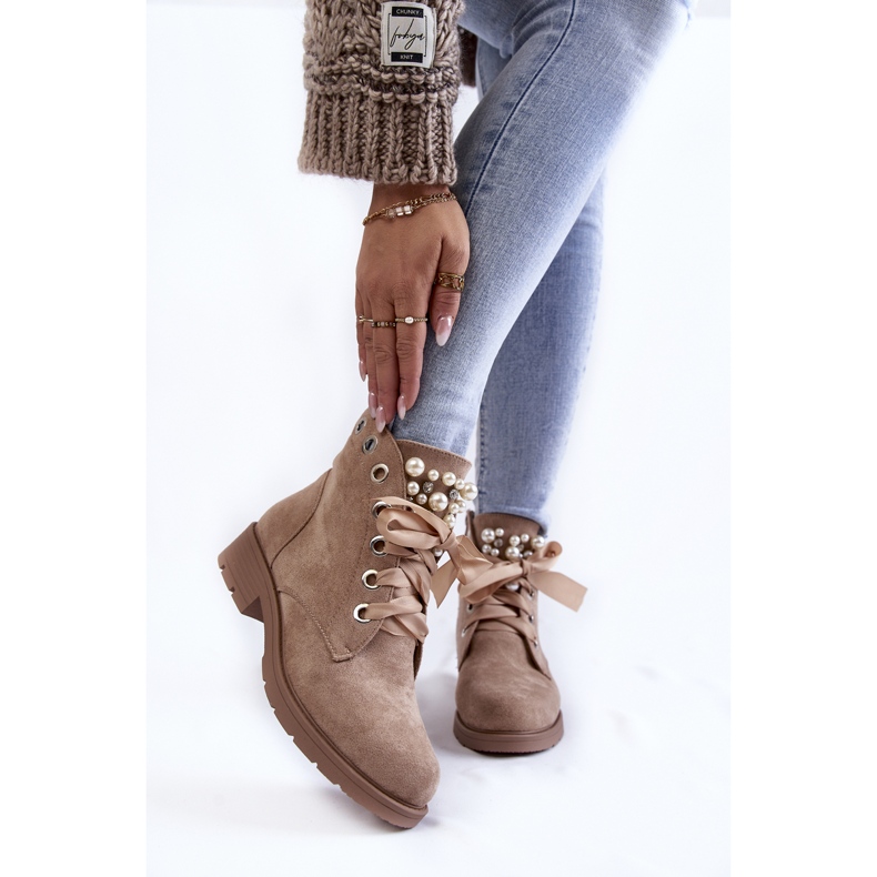 FB2 Stivali Caldi In Pelle Scamosciata Raiso Beige Scuro Con Cerniera Con Perle 1
