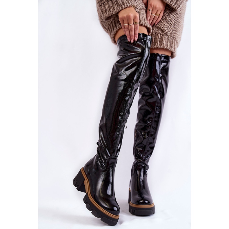 PL5 Stivale da donna alla moda laccato sopra il ginocchio nero Venise 1