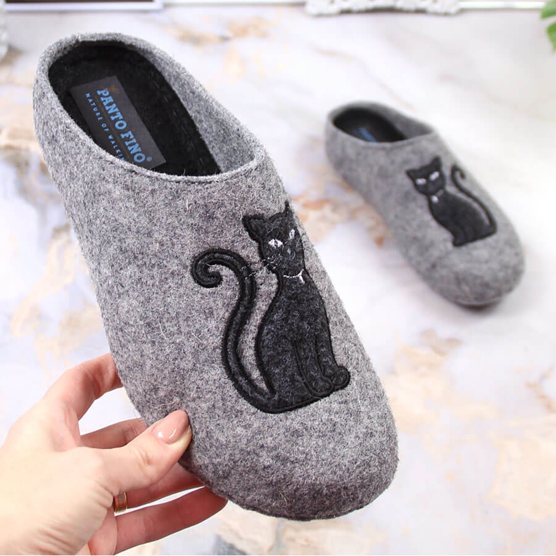 Pantofole da donna in feltro con un Panto Fino KK267047 grigio gatto 1