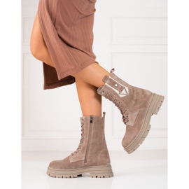 Scarponcini da trekking da donna alti Shelovet in pelle naturale beige 2