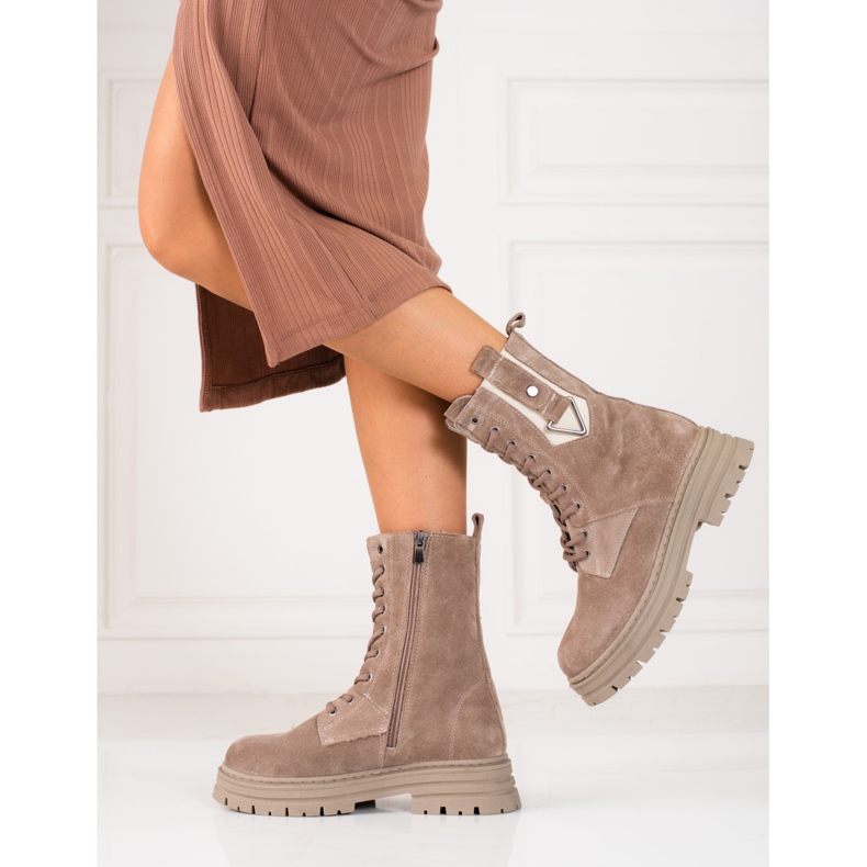 Scarponcini da trekking da donna alti Shelovet in pelle naturale beige 2