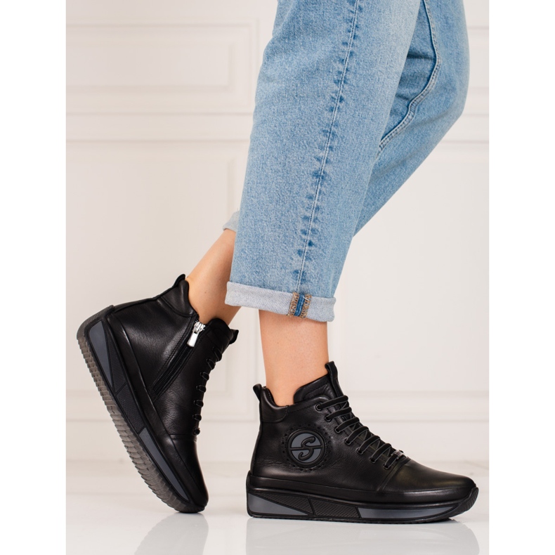Sneakers da donna sulla piattaforma Shelovet realizzate in pelle naturale nero 2