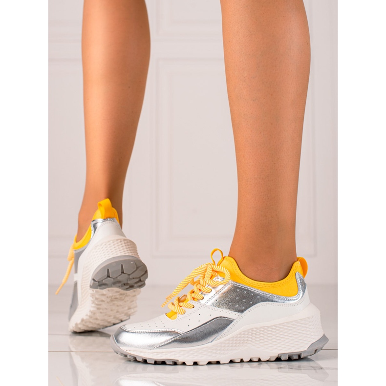 Goodin Sneakers in pelle alla moda bianco argento giallo 2