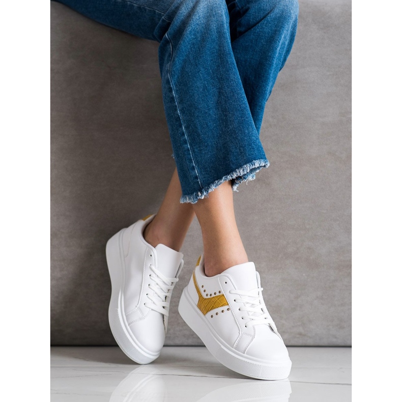 SHELOVET Sneakers casual in ecopelle bianca giallo 1