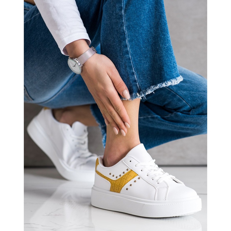 SHELOVET Sneakers casual in ecopelle bianco giallo 2