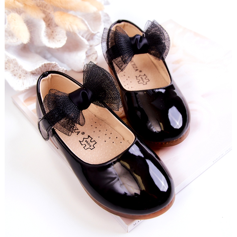 Vinceza Ballerine per bambini in vernice, con velcro e fiocco, nere nero 2
