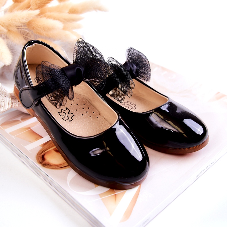 Vinceza Ballerine per bambini in vernice, con velcro e fiocco, nere nero 3