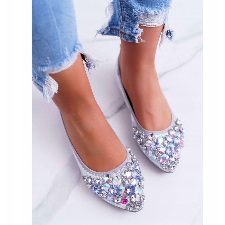 PS1 Ballerine da donna con pietre di cristallo argento grigio 4