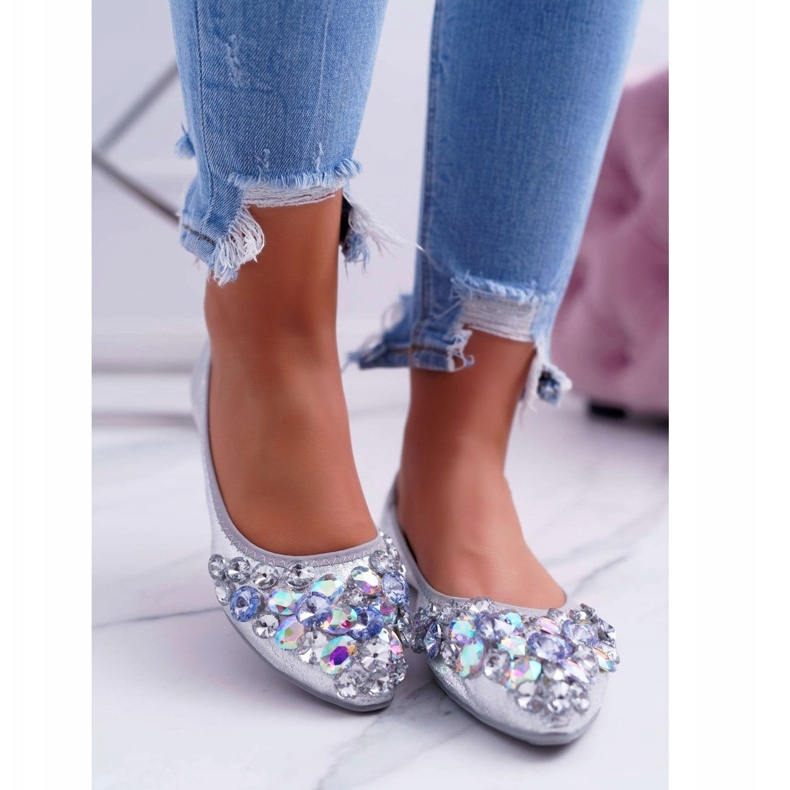 PS1 Ballerine da donna con pietre di cristallo argento grigio 2