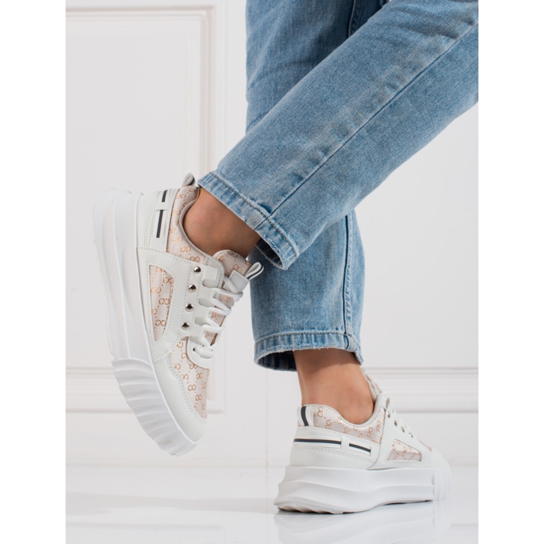 Scarpe sportive da donna bianche Shelovet con suola spessa beige bianco d'oro 2